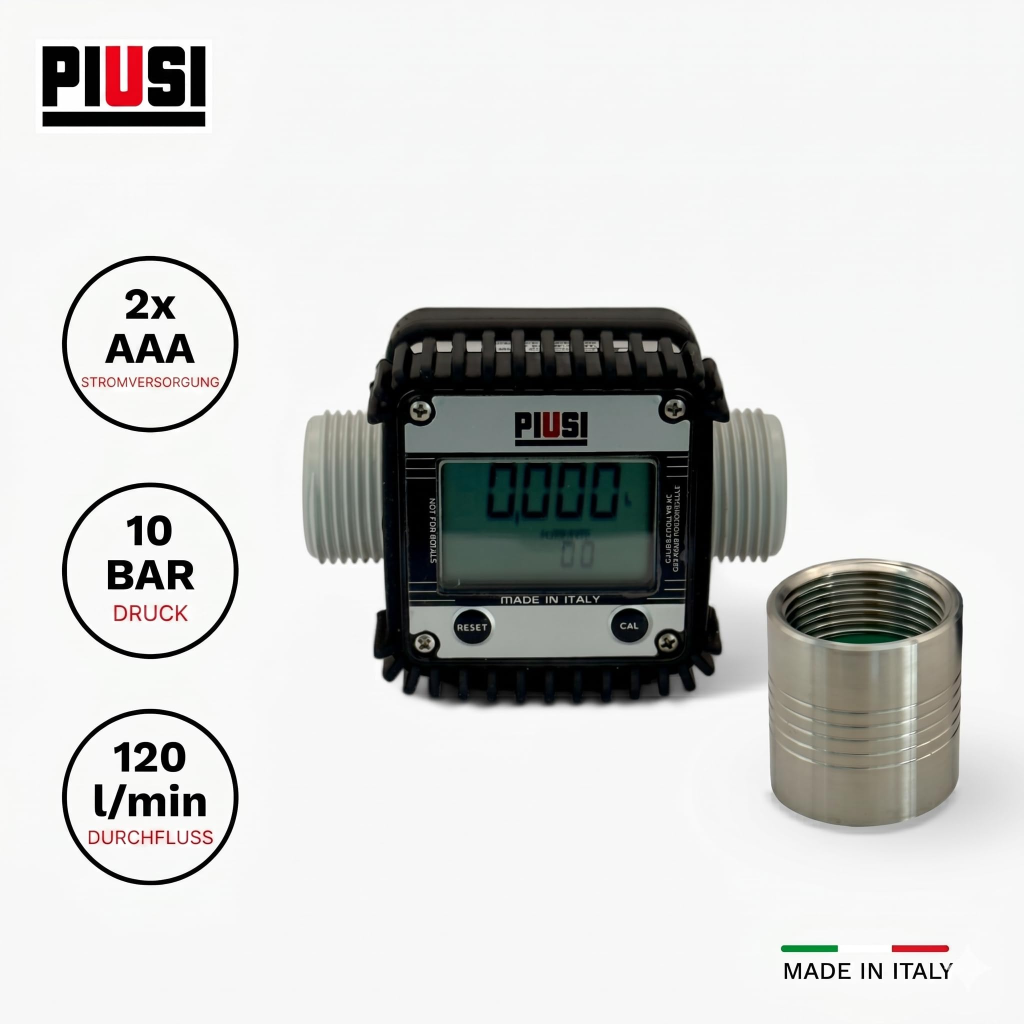Piusi Digitales Turbinen-Durchflussmessgerät für Adblue/Wasser mit Anzeige für Durchflussraten bis zu 120 l/min, Druck 10 bar, Anschluss M/F 1” BSP und 4-Richtungen drehbares Display | K24 F0040710A
