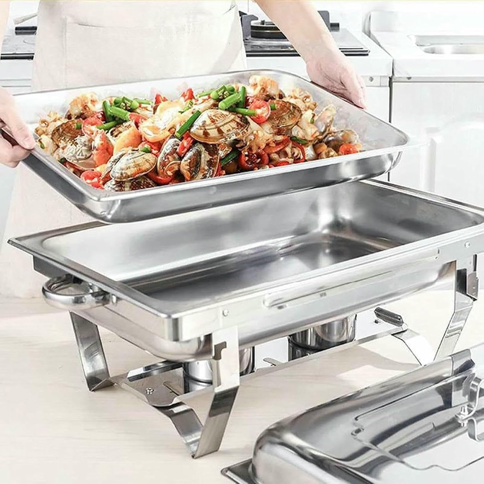 Servidor de buffet para calentar alimentos: bandejas de buffet con tapas, bandejas de control de porciones, calentadores de buffet de mesa, calentadores de alimentos para carritos de servicio~/