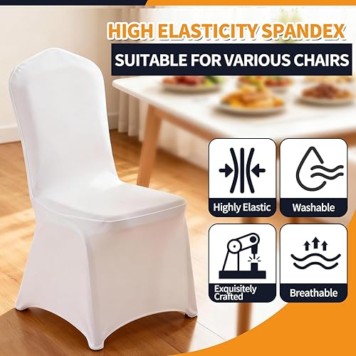 Vista 3 de Yahpetes Funda para silla de banquete de poliéster y elastano, color blanco, parte delantera plana, elástica, para bodas, banquetes, comedores, 1