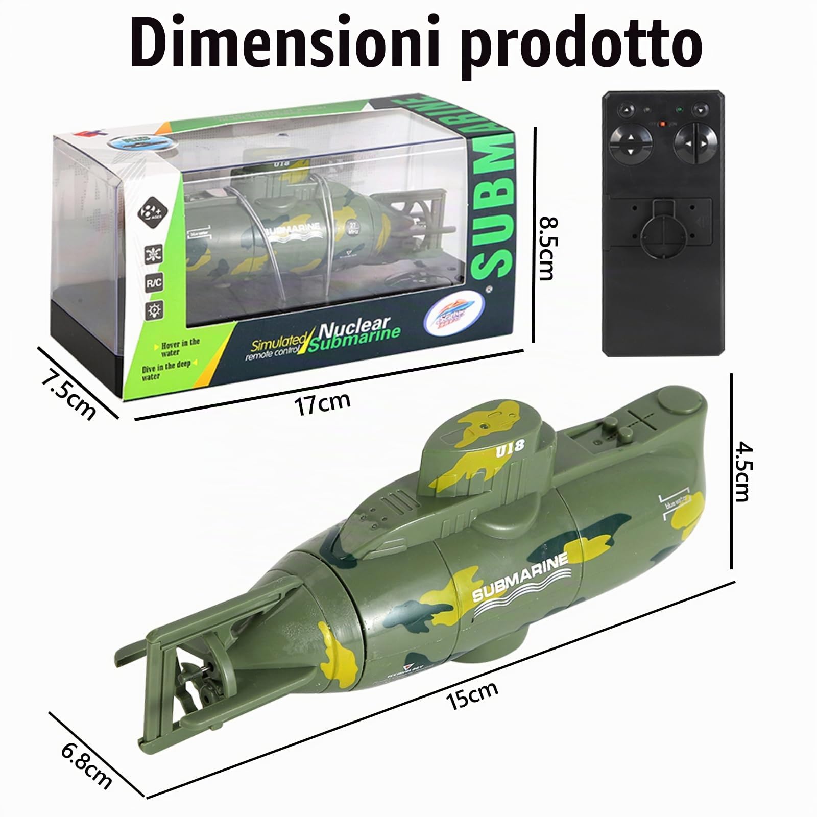 Mini Telecomando Sottomarino Giocattolo, 6 Canali RC Barca con Luci LED | 2.4GHZ Telecomandata Modello di Subacquea,Rotazione a 360°, Elettrico Barca Regalo Compleanno per Bambini dai 6 Anni(Verde)
