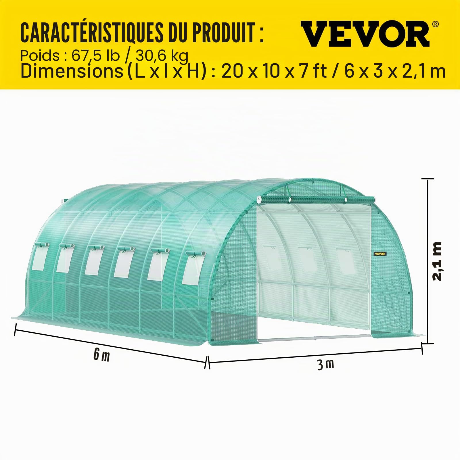 VEVOR Serre Tunnel Jardin 6,1x3x2,1 m Tente Abri Plantes Cadre en Acier Galvanisé Couverture Étanche PE 3 Poutres Supérieures 4 Poteaux Diagonaux 2 Portes 12 Fenêtres pour Cultiver Légumes Fleurs Vert