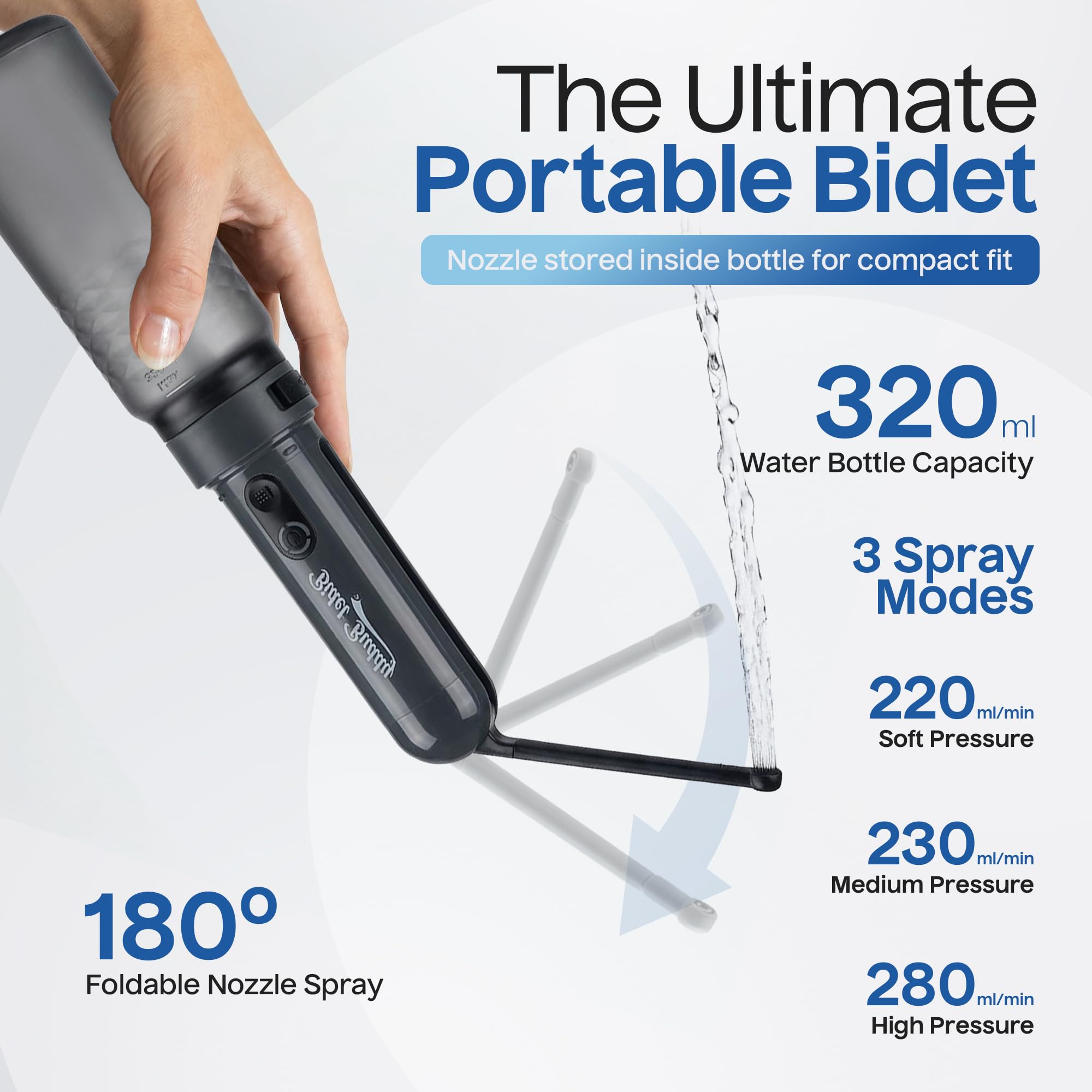 BIDET BUDDY GoFlow - Bidet portatile da viaggio | 280 ml/min di flusso | batteria da 800 mAh | bottiglia da 320 ml | IPX7 impermeabile | ricarica USB-C | tasca e flessibile con pressione media (grigio
