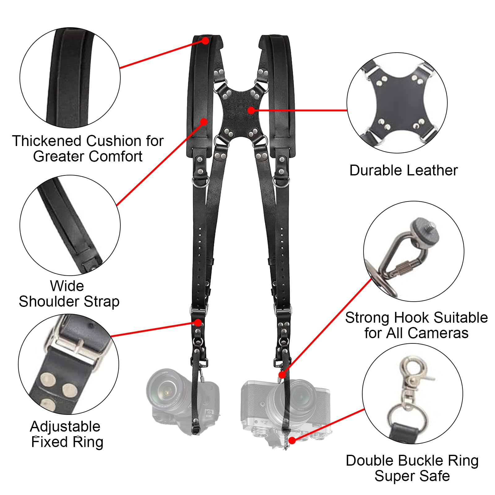 Imbracatura per fotocamera, doppia fotocamera per fotografi, tracolla in pelle per due fotocamere per DSLR/SLR (nero)