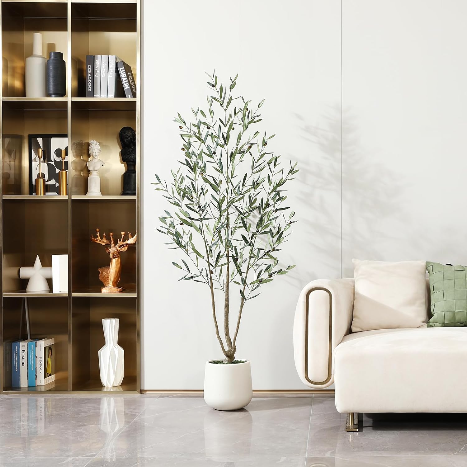 Artificial Olive Tree 6FT-Faux Olive Trees with Realistic Silk Leaves & White Planter - Tall Fake Plant with Natural Trunk for Indoor Use,Faux Plants Fake Moss for Living Room, Office, Home Decor 1 6 FT