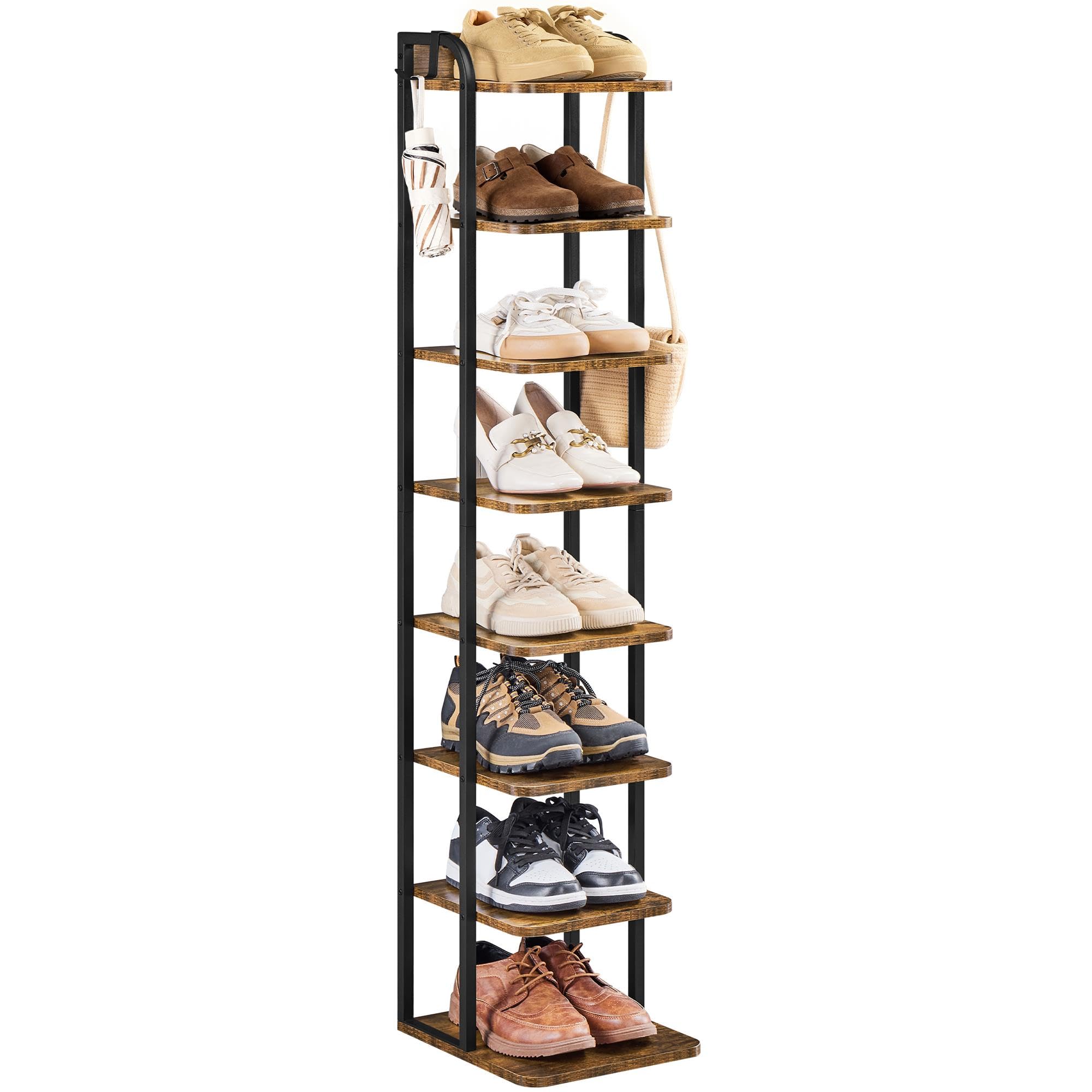 Yaheetech Vertical Shoe Rack, 8 Tier Narrow Shoe Rack Tall Space-Saving Shoe Organiser, Ventilated Adjustable Stable Shelf with Top Hooks for Hallway, Entryway & Small Spaces, Rustic Brown