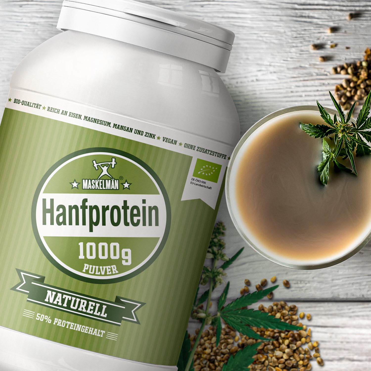 Hanfproteinpulver Bio - 1 KG - Über 50% Proteinanteil - Aus 100% Bio-Hanfsamen - Veganes Proteinpulver zur Unterstützung des Muskelaufbaus