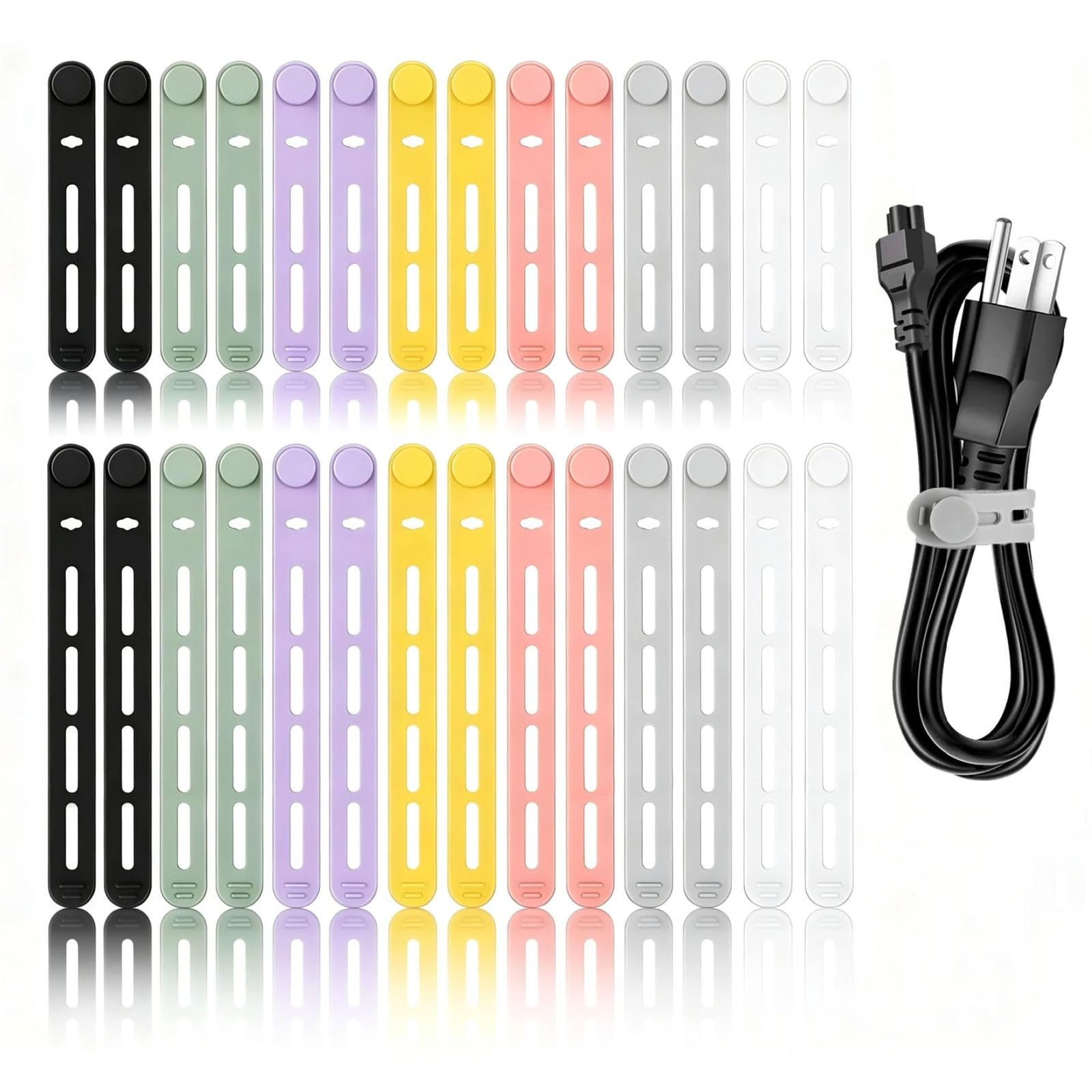 28Pcs Silicone Cable Ties Reusable, Multipurpose Cable Management Organizer, Adjustable Fastening Cable Straps with Locking Buckles, High Elasticity Cord Organizer, Travel Essentials(2 Sizes, 7Colors)