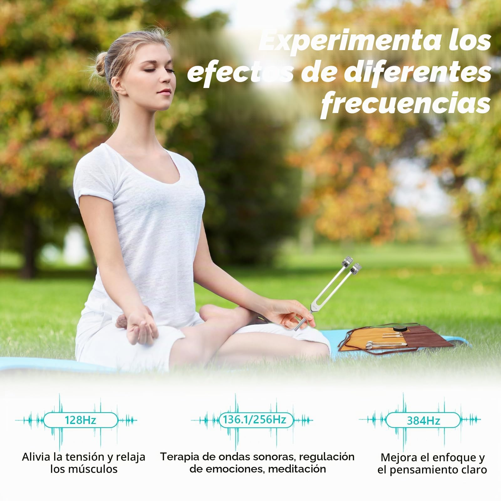 Juego de 4 Diapasones Terapéuticos para Curación y Meditación | 128/136/256/384Hz para Meditación Yoga Relajación Curación Sonora y Equilibrio de Chakras con Mazo Activador y Bolsa de Piel
