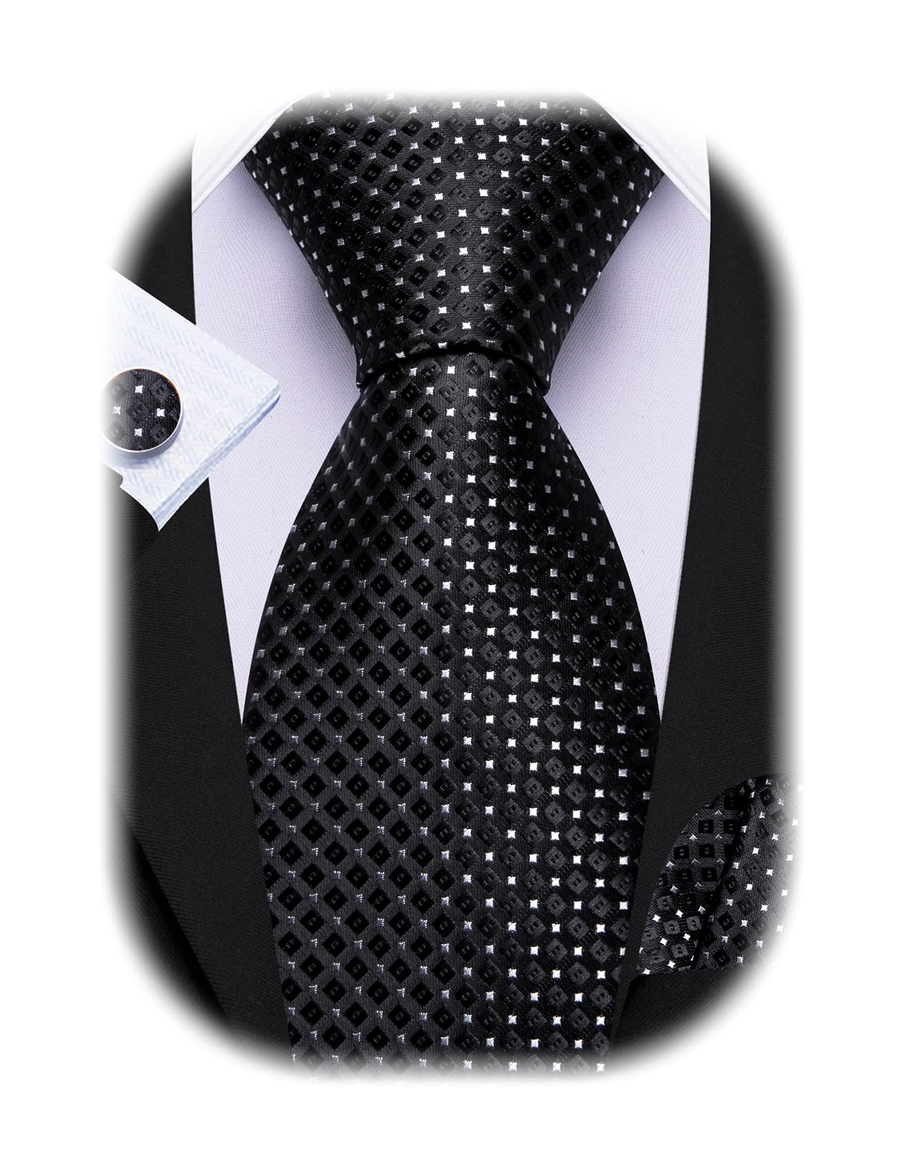 Barry.Wang Plaid Ties Checkered Mens Silk Necktie Handkerchief Cufflinks