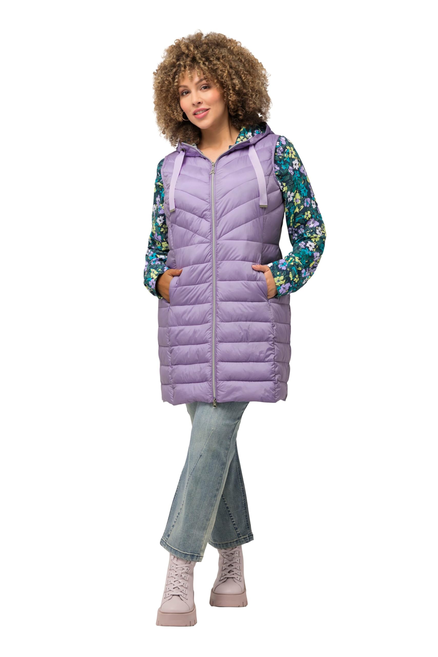 Ulla Popken Damen große Größen Übergrößen Plus Size Long-Steppweste, Kapuze, Seiten-Zipper, Stehkragen 826555