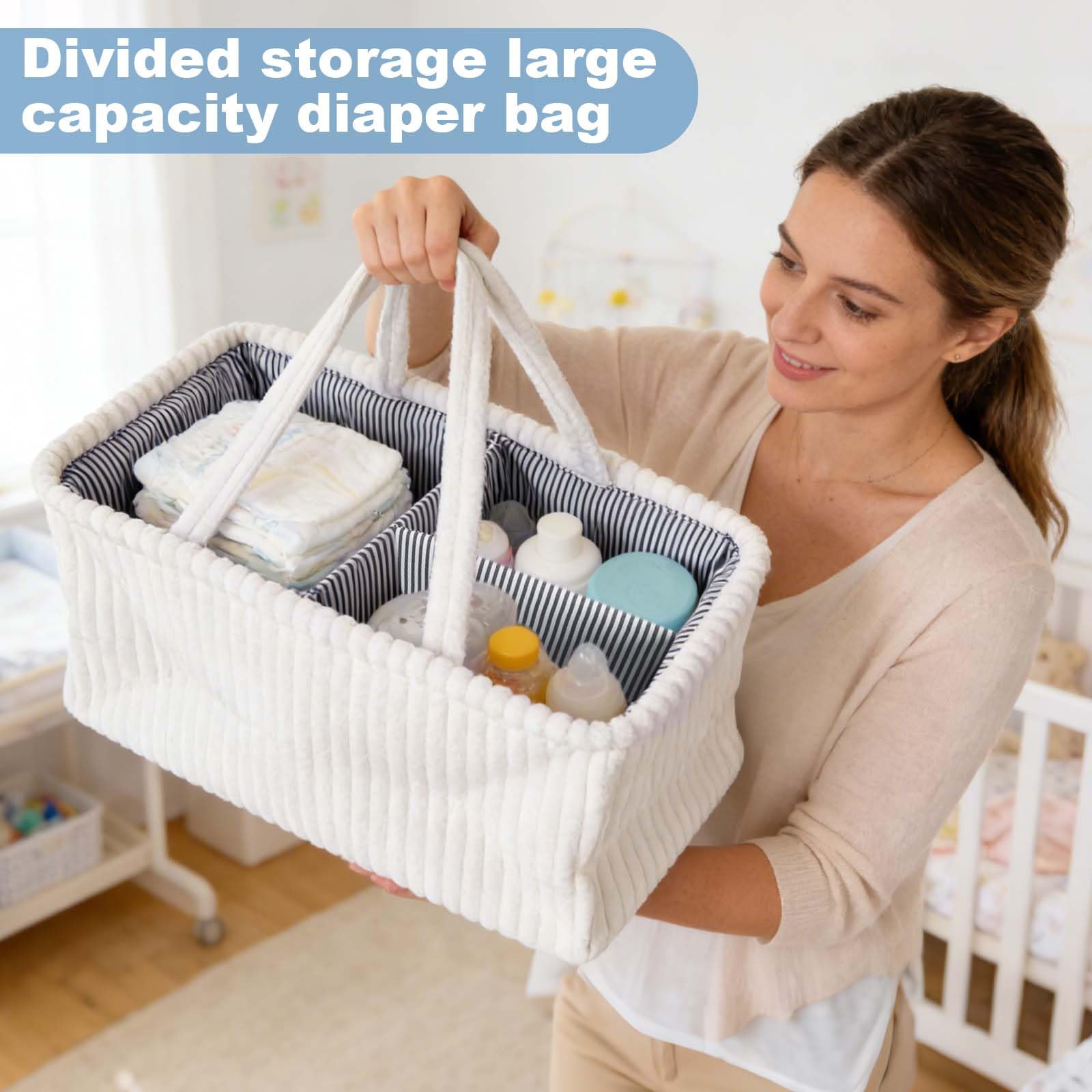 Panier Rangement Bébé, Compartiment Amovible, Panier de Rangement Bébé Portable en Peluche pour Essentiels du Nouveau-Né les Couches, Lingettes et Inserts, Cadeau Naissance, Blanc cassé