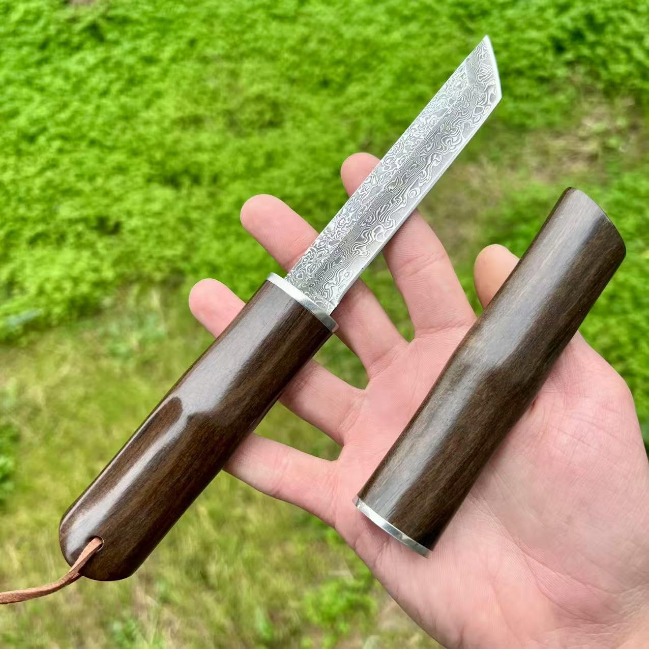 Couteau Lame Fixe Lame Tanto Acier Damas Japonais Suminagashi San Maï Camping Étui Intégral Bois Cadeau Homme Collection Artisanat Randonnée EDC Custom Extérieur Survie Forgé