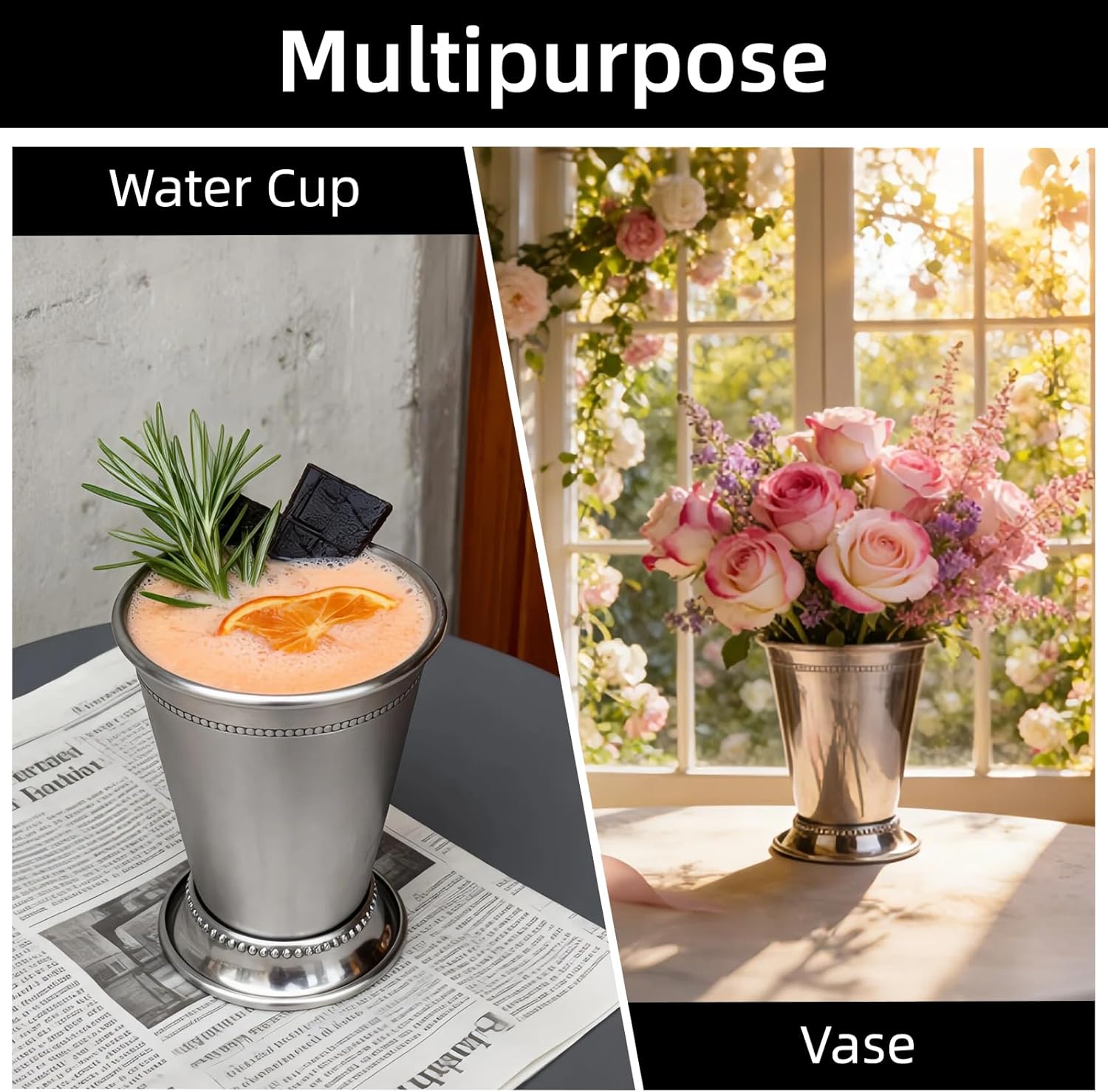 Set of 2 Mint Julep Cups,12 Oz Stainless Steel Mint Julep Cup,Silver Metal Cocktail Glasses with Beaded Trim Border ,Suitable For Party Beer Juice Beverage Bar Home Restaurant,Vase decoration - Image 4