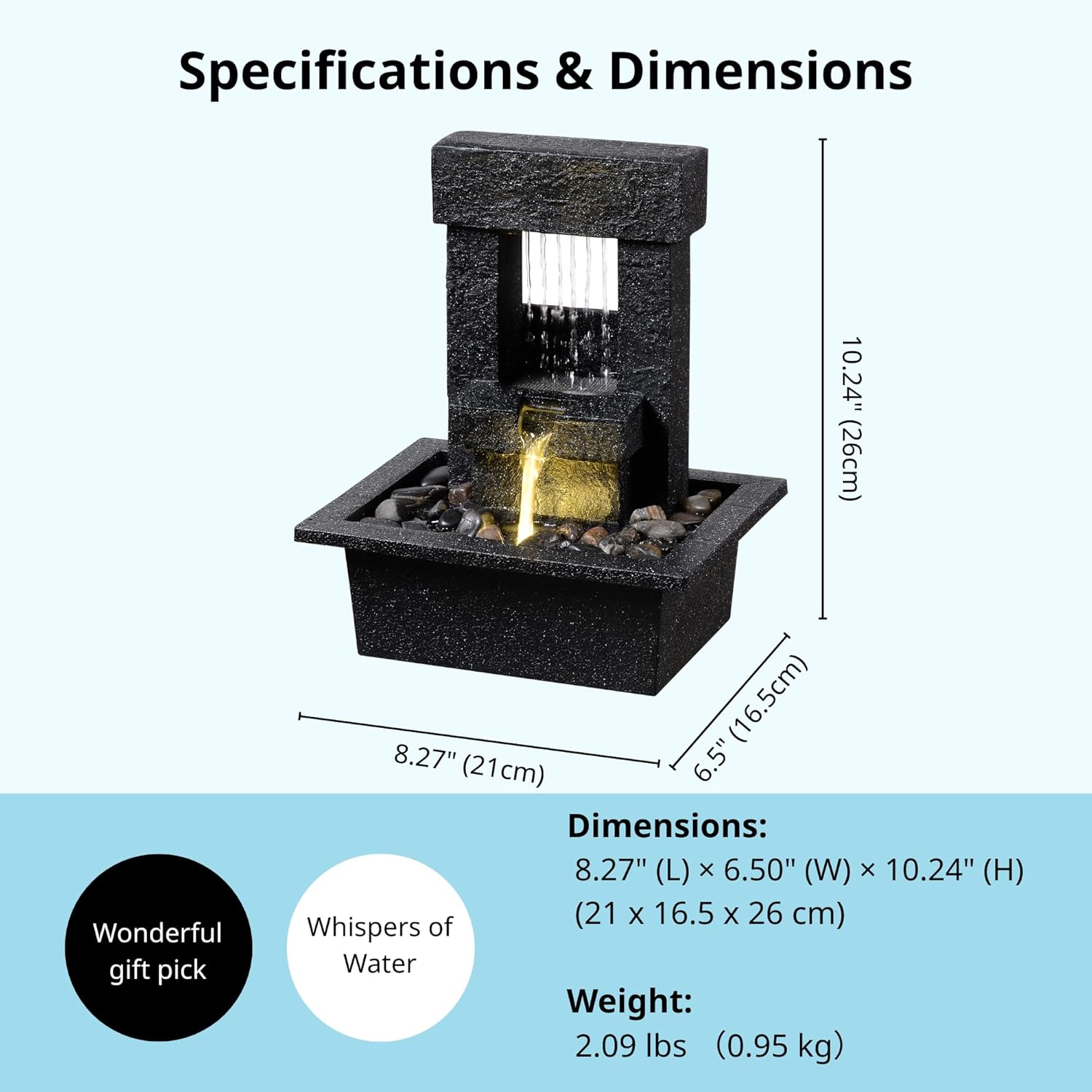 Indoor Tabletop Water Fountain with LED Light – Modern Black Desk Waterfall Feature with Soothing Sounds and River Rocks, Relaxation Zen Decor for Home Office Bedroom