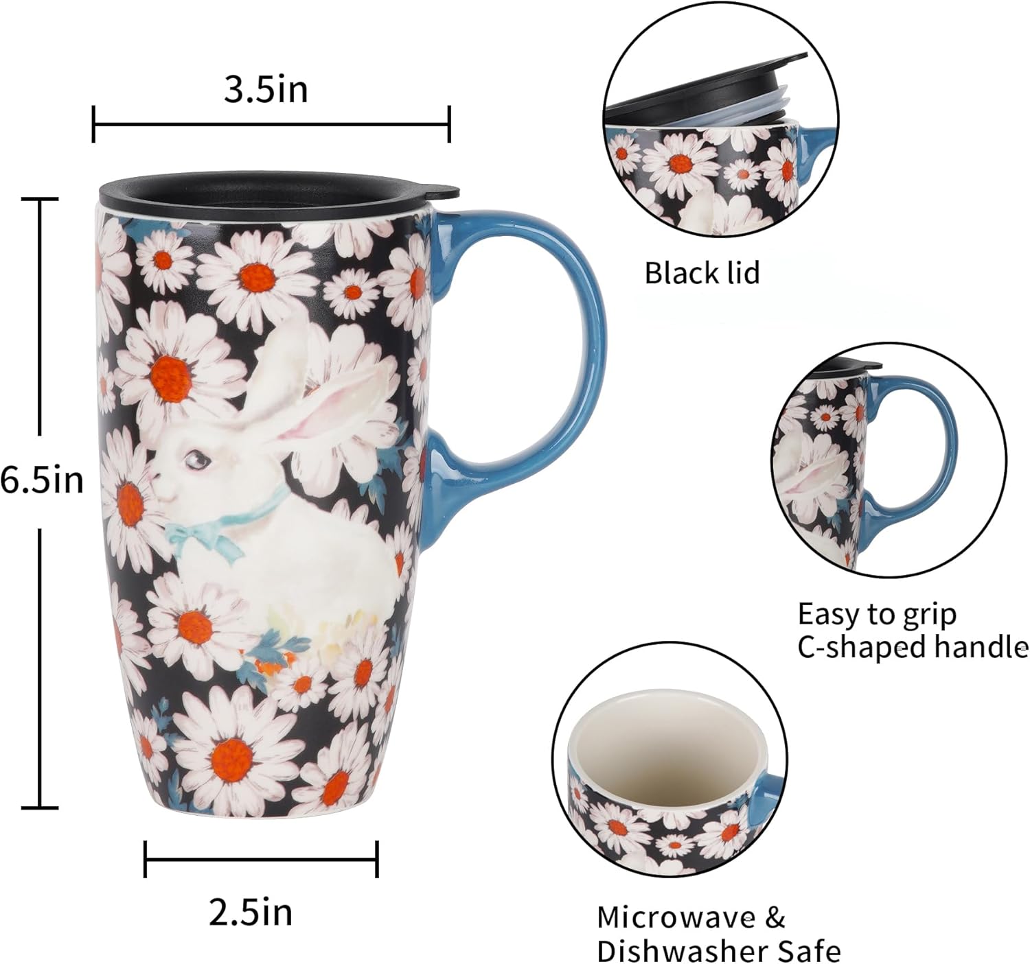 DUSVALLY Ceramic Tall Coffee Mug, Friends Coffee Cup Gift Set, Travel Mug with Lid for Office and Home, Unique Gifts for Women and Man, Color Box, 17 oz Large Cup, Flower and Rabbit - Image 5