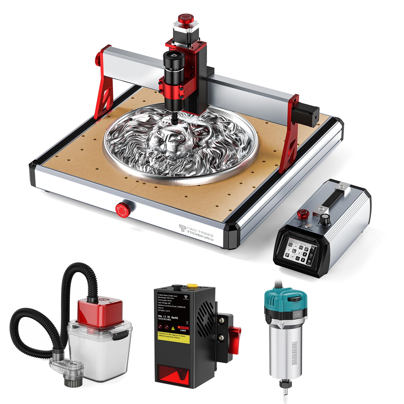 Twotrees TTC450 Ultra 500W CNC Fräsmaschine, 800W Frässpindel, 20W Lasermodul, M1 Staubabsaugung, mit 3,5 Zoll Touchscreen Controller, Gravurmaschine für Metall, Aluminium, Holz