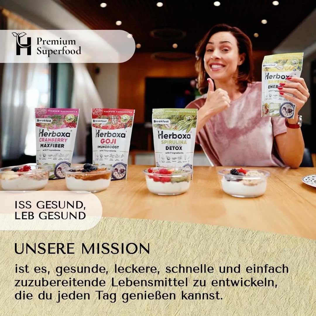 Herboxa Breakfast Blend Bundle – 4 Sorten: Banana, Cranberry, Goji & Spirulina – Pflanzliche Frühstücksmischung mit Chia & Flohsamenschalen – Vegan, Glutenfrei, Ohne Zuckerzusatz – 4 x 200 g