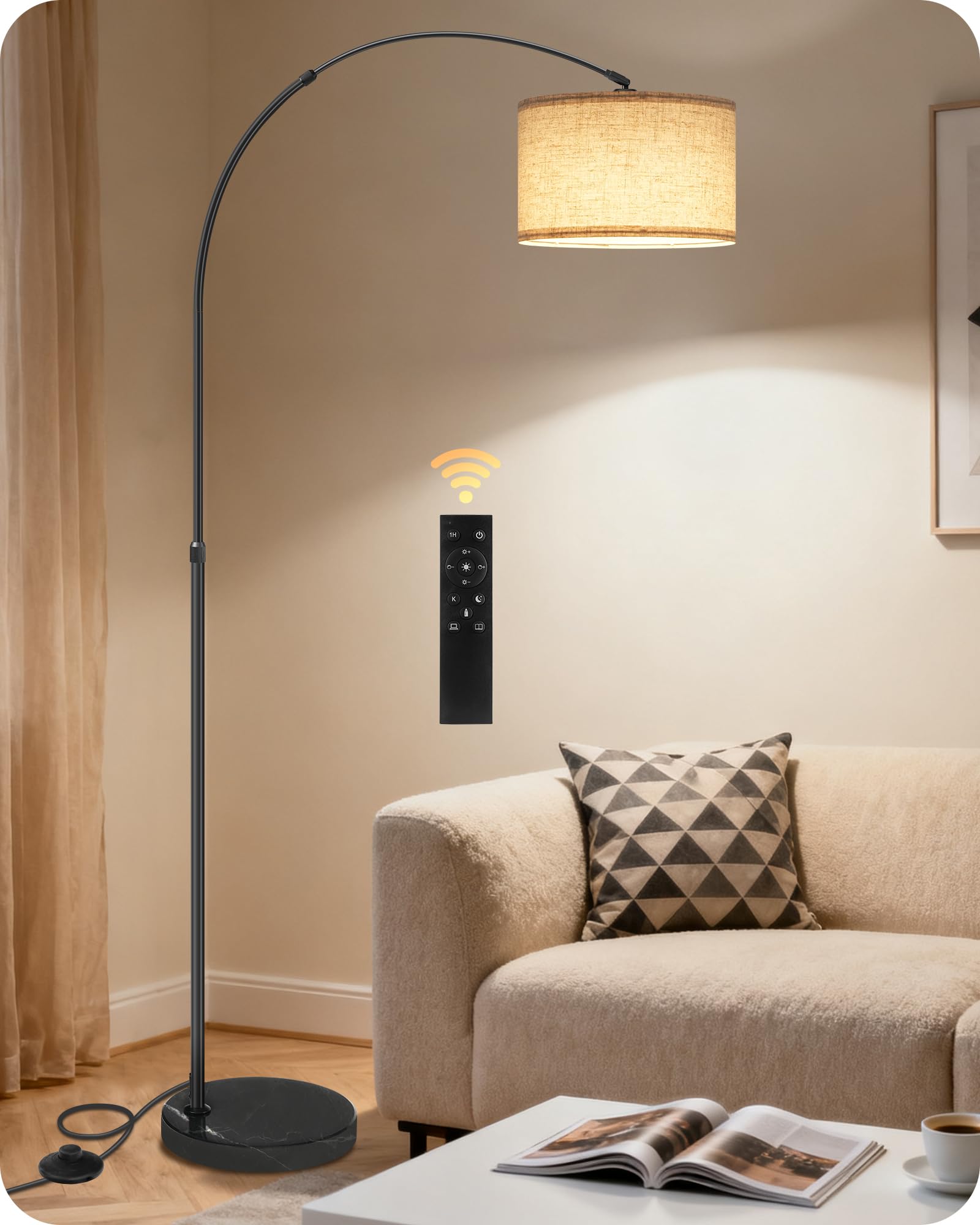 Goebleson Black Arc Floor Lamp With Led Bulb & Remote Control & Foot Switch, Stepless Dimmable, Colour Temperature, Arched Corner Lamp, Rotating Lamp Head, Height Adjustable, Ze15ldk05