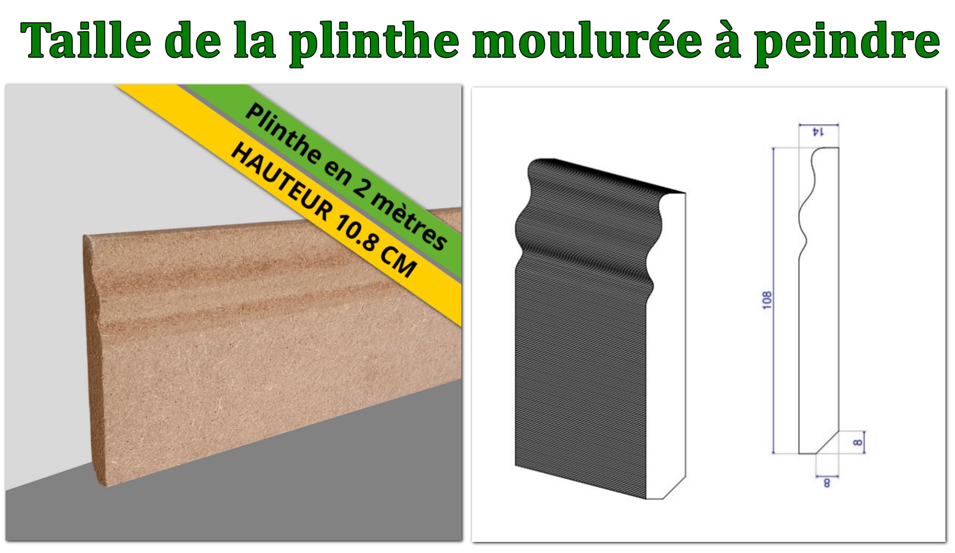 MadeInNature Battiscopa modellata per dipingere, in legno MDF naturale, battiscopa per modanatura stile Luigi XV, altezza 10.8 cm, fabbricazione francese, lunghezza a scelta (naturale, 20 metri)