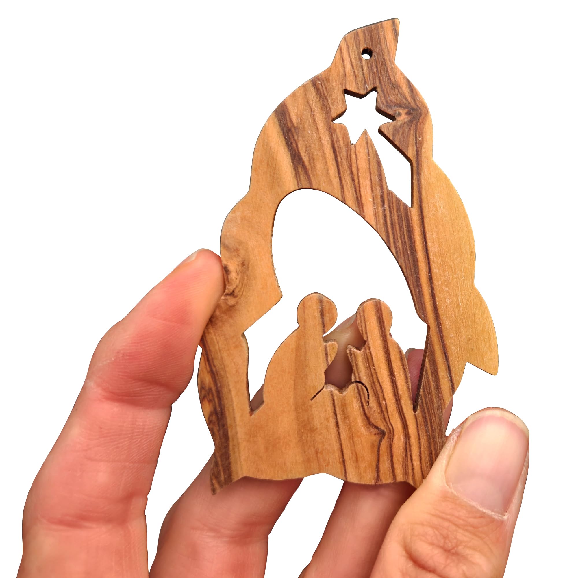 Olive Wood Holy Family Pendant - Handmade from Bethlehem - Blessed Christmas Tree Ornament and Holy Land Gift Tag - Includes 20cm Gold Ribbon and Certificate