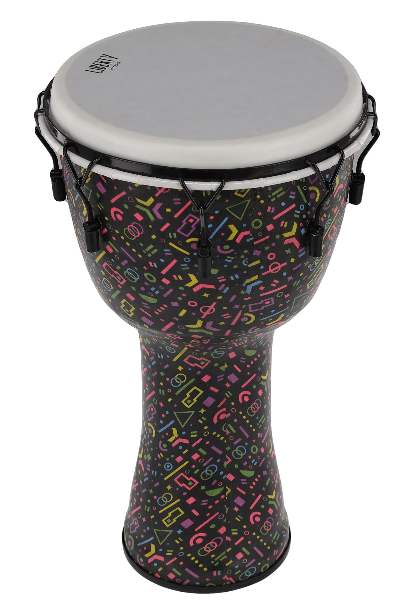 GEWA Liberty Djembé accordage mécanique (tirants) - Diamètre : 14" (35,5 cm) - Hauteur : 27" (68 cm) - Nombre de crochets : 8 - Motif : Crazy Neon
