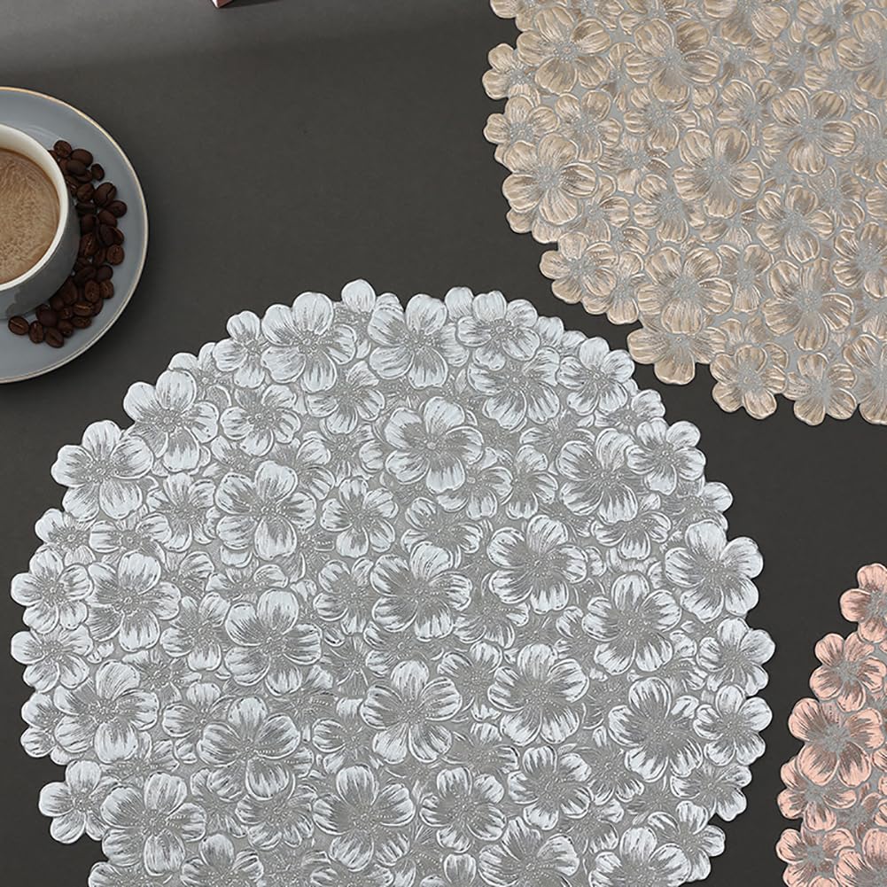 Mignon De Conception De Fleurs PVC Placemat pour Table À Manger - 38 Cm (14,9 Pouces) Mat De Lieu Créatif Rond, Tapis De Table Floral Décor, Décor Artistique Décor De Café Tapis,Argent,16pcs
