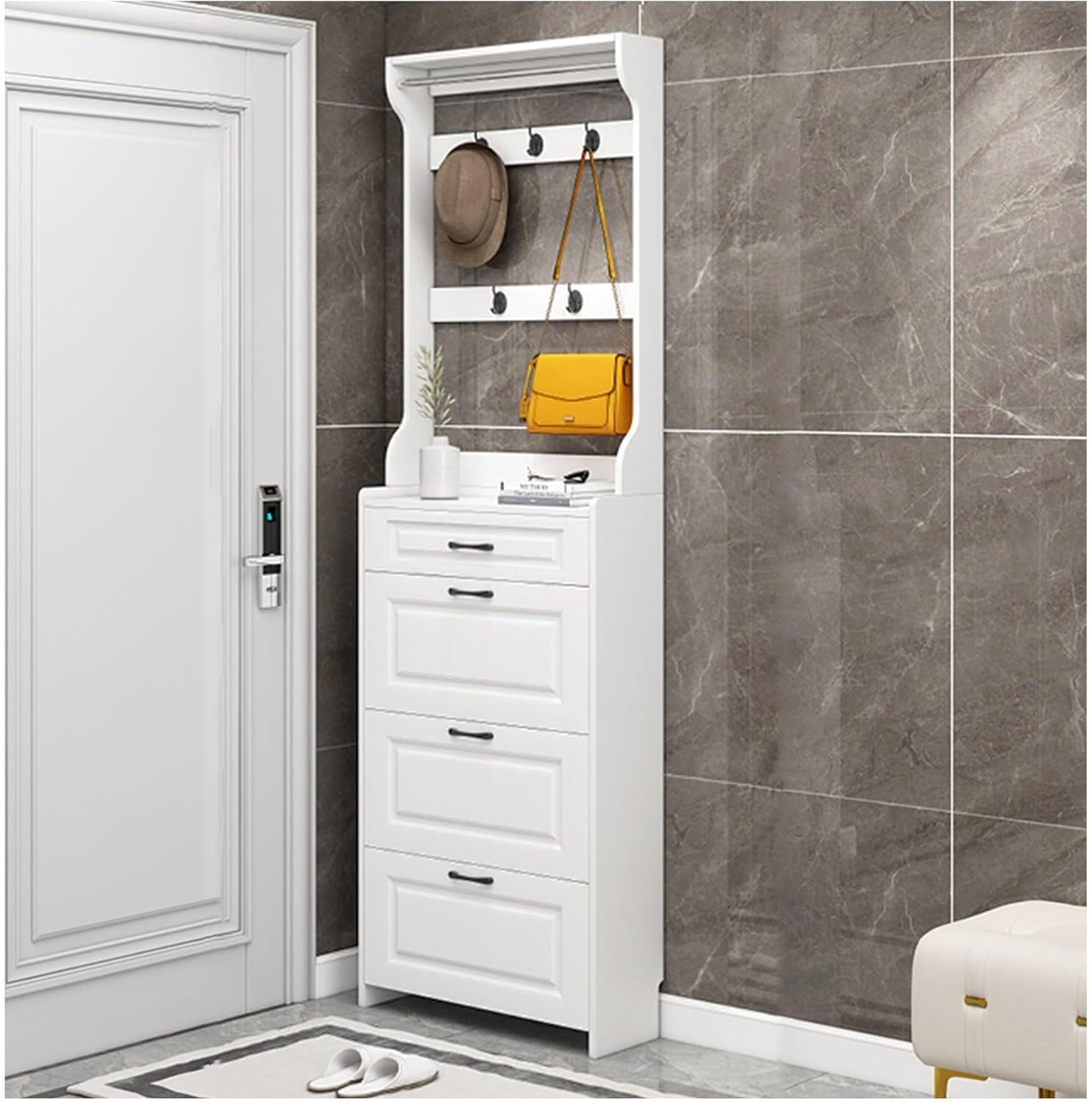 Shoe Storage Cabinet Cabinets Hallway Slim Cupboard Cupboards Hallways Slimline，White Narrow Shoe Organizer Cabinet with 3 Flip Drawers and Adjustable Coat Rack, Wooden Entryway Storage 50 *