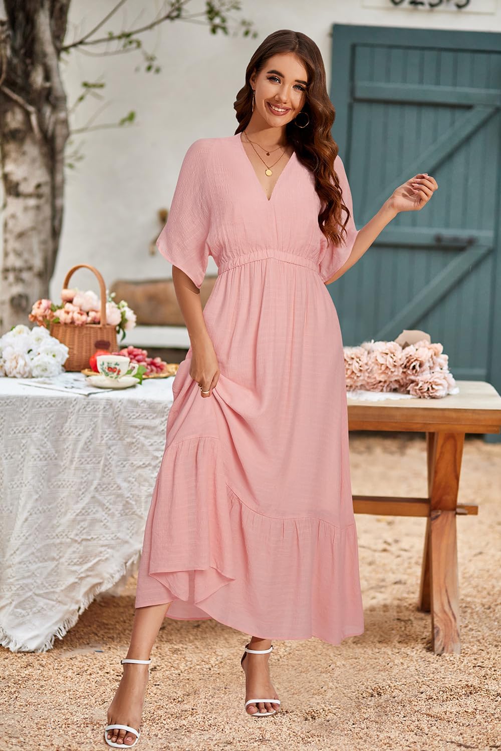 STYLEWORD Women's 2026 Summer Maternity Dress Short Sleeve V Neck Tiered Boho Flowy Long Maxi Dress - Image 4