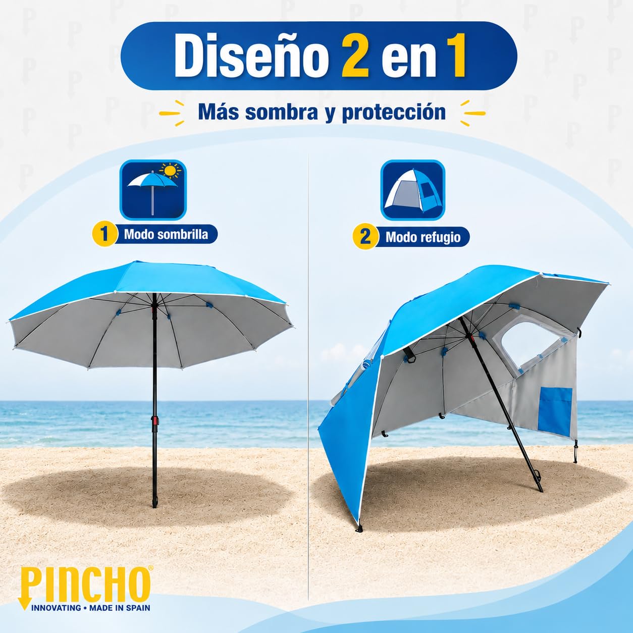 Parasol plażowy 220 cm - PINCHO - przenośny namiot plażowy, wiatroszczelny parasol plażowy UV50 z oknami, śledziami i tensorami, 3 pozycje, torba transportowa w zestawie, kompaktowa
