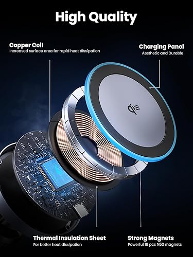 Miniatura 8 de UGREEN Qi2 Cargador de coche inalámbrico, 15 W carga rápida fuerte soporte magnético para teléfono de coche con luz LED para iPhone 171615141312