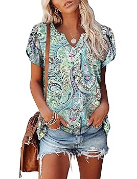onlypuff Womens Short Sleeve Blouses V Neck Summer Shirts