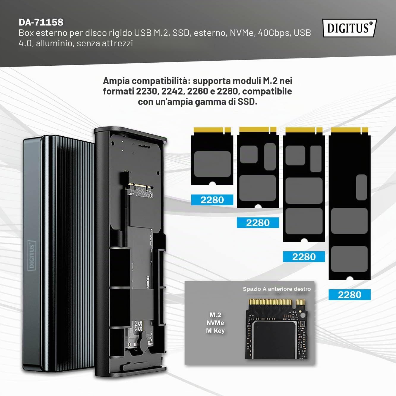 Custodia Per Disco Rigido Digitus Usb M.2, Ssd, Esterna, Nvme, 40 Gbps, Usb 4.0, Alluminio, Senza Attrezzi
