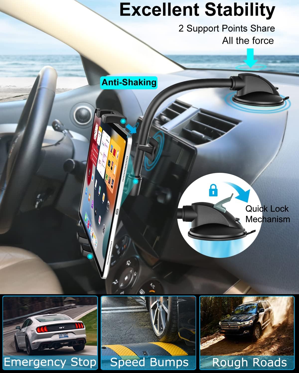 Supporto da auto per tablet da 4,7 a 12,9 pollici, supporto per tablet e tablet da 4,7-12,9 pollici, supporto a braccio lungo per cruscotto auto, stabilizzatore anti-scossa, per iPad