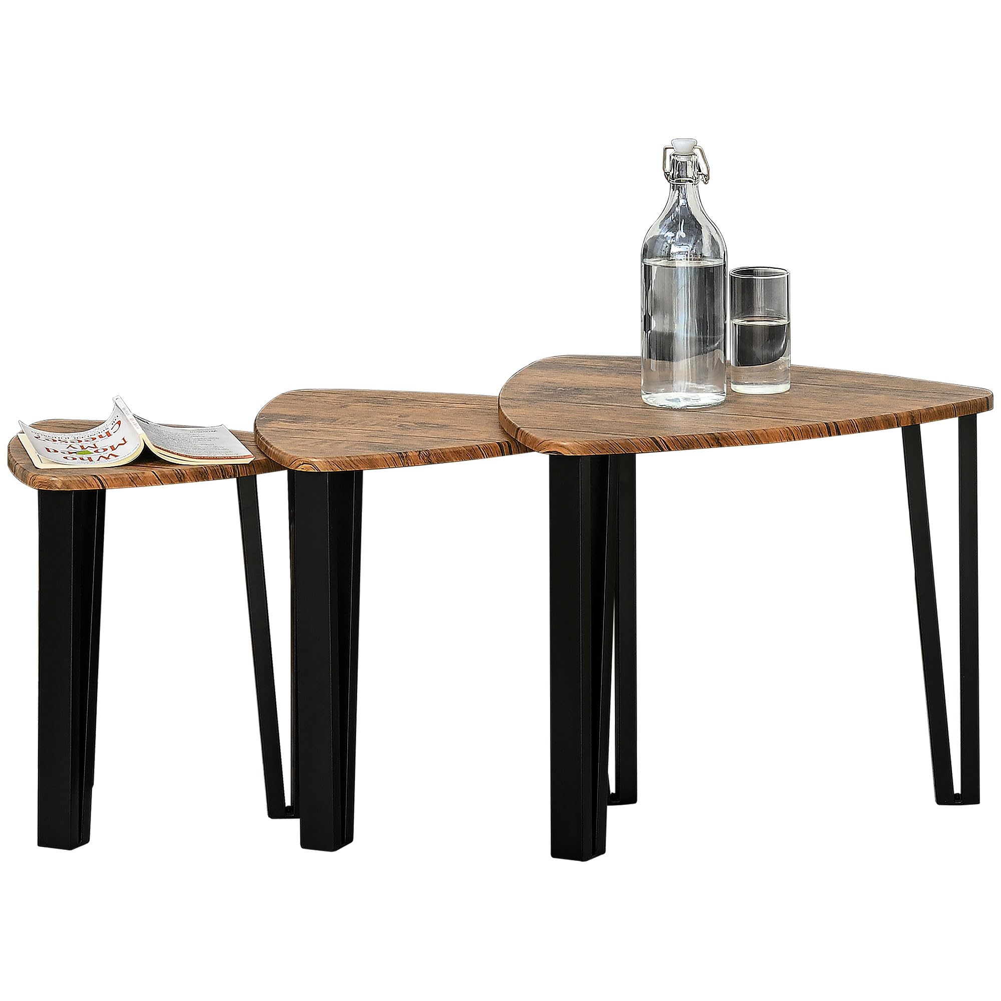 HOMCOM Ensemble de 3 Tables Basses gigognes encastrables Style Industriel piètements métal Noir en épingle Plateaux Aspect Bois de Noyer