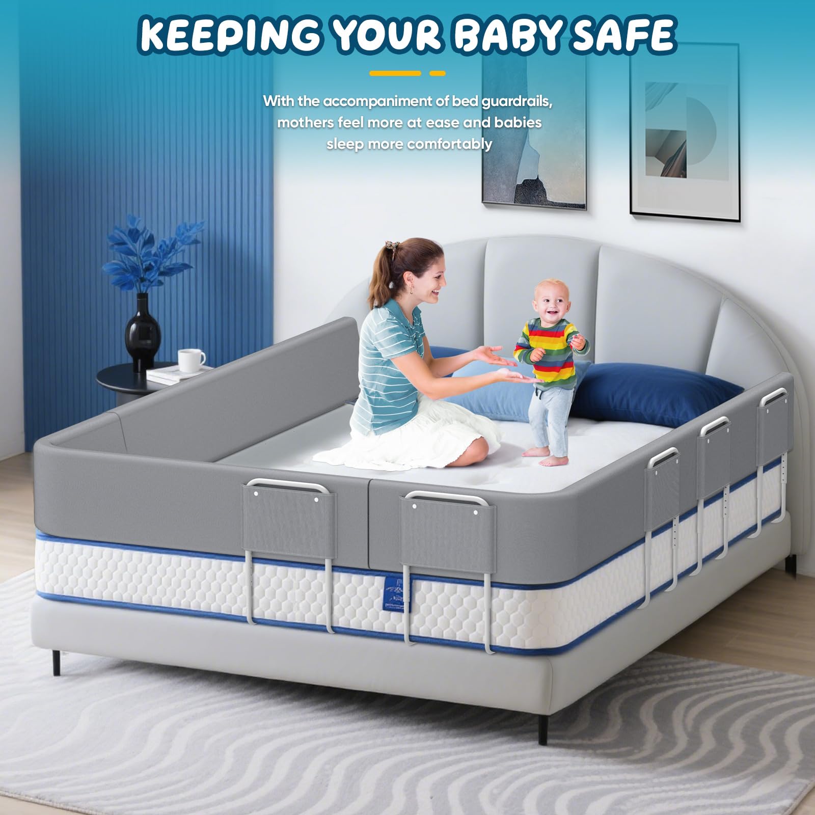 Sicherheitsgitter für Kinderbett 100cm, Verstellbare Baby-Bettbarriere mit 5 Höheneinstellungen, Flexibler Schutzrahmen zur Sturzprävention für Familien und Säuglinge, Grau