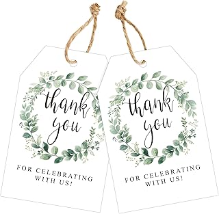 joycraft 50Pcs Green Wreath Thank You Tags, 3.3x2.1 in White Paper Party Favor Tags with String, Thank You for Celebrating with Us Hangtags for Wedding, Baby Shower, Anniversary
