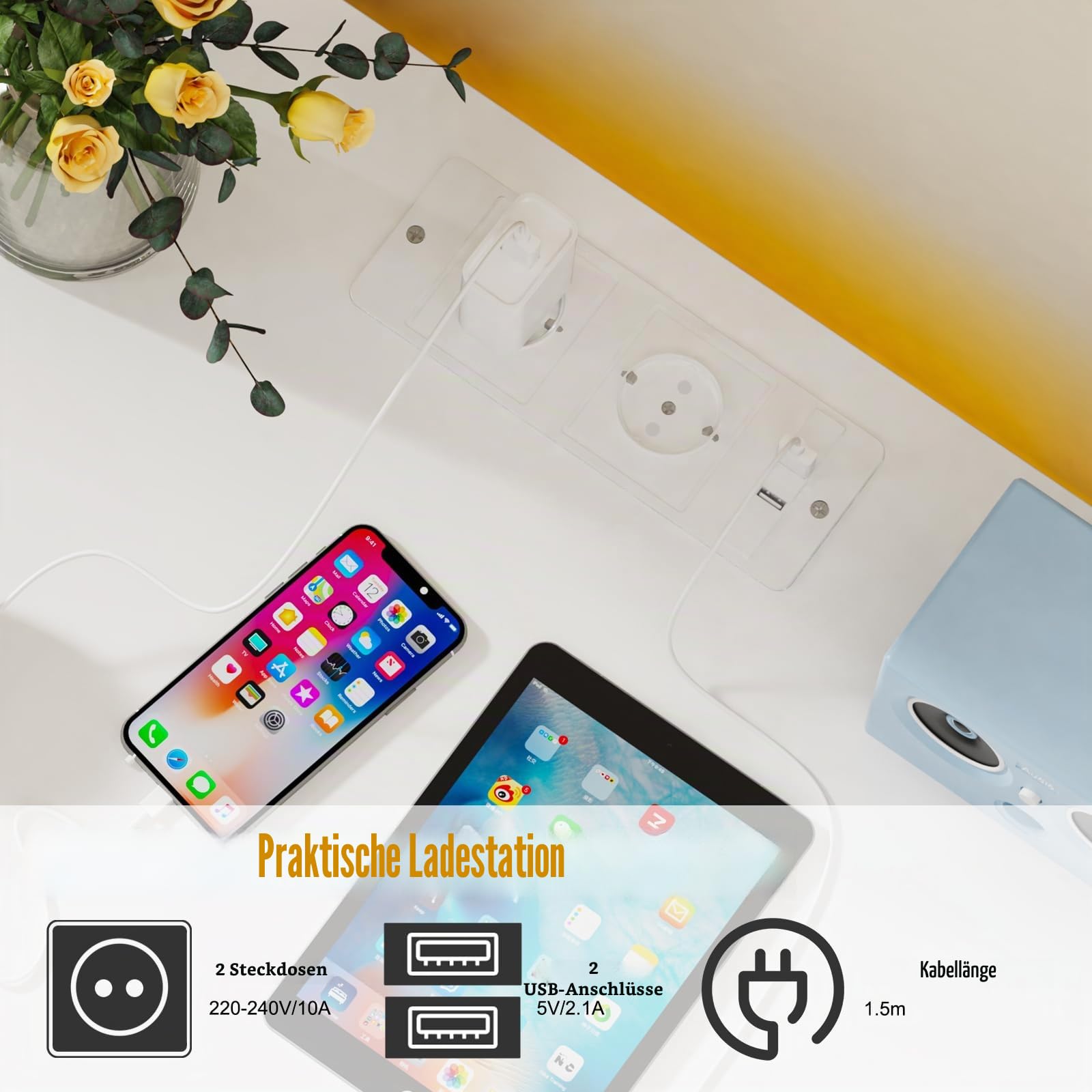 Nachttisch LED mit Steckdose(2 AC-Steckdosen & 2 USB-Anschlüsse), Nachtkommode mit 2 Schubladen und 2 in 1 Led, Moderner Nachtkästchen für Wohnzimmer, 50x40x58cm, Weiß