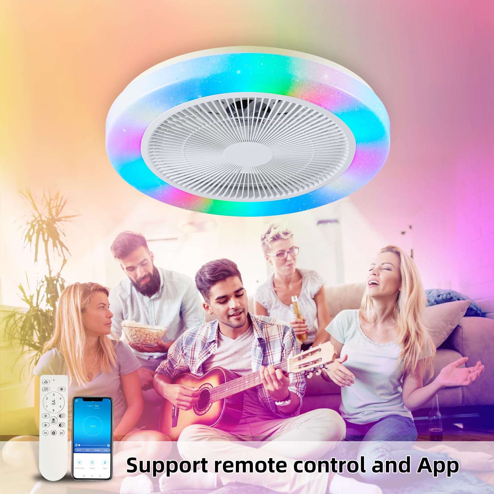 AHXIAOZN RGB Ventilatore da Soffitto, 50CM LED Lampadario con Ventilatore Soffitto Dimmerabile, 6 Velocità 3 Temperature, Silenzioso Ventilatore da Soffitto con Luce e Telecomando&APP(Bianco)