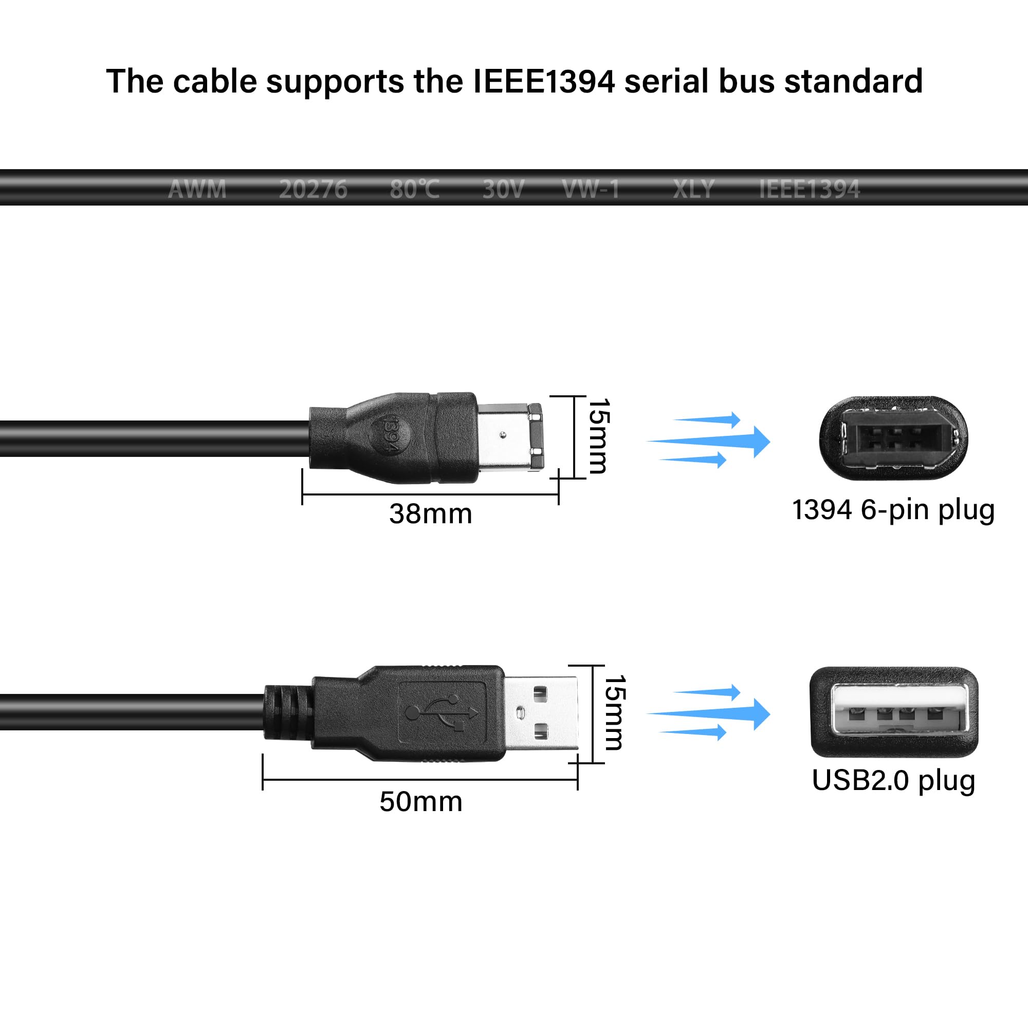 GINTOOYUN Cavo USB 2.0 a FireWire USB 2.0 maschio a Firewire IEEE 1394 6 pin cavo dati per carte di acquisizione 1394, telecamere industriali, dischi rigidi portatili, ecc. (5.9FT) (6 aghi)