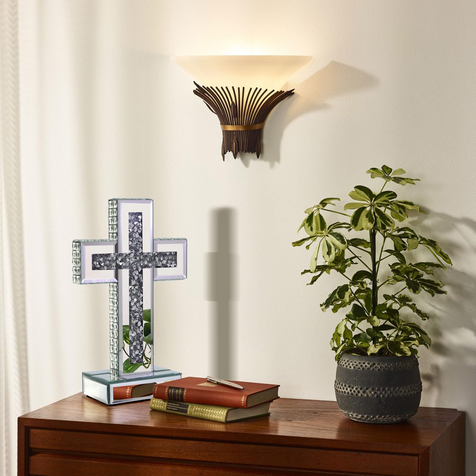 GIMORRTO Mirrored Cross Tabletop Decor - Crushed Diamond-Embedded Glass Mirror Table Standing Cross, 10 x 6 Inches