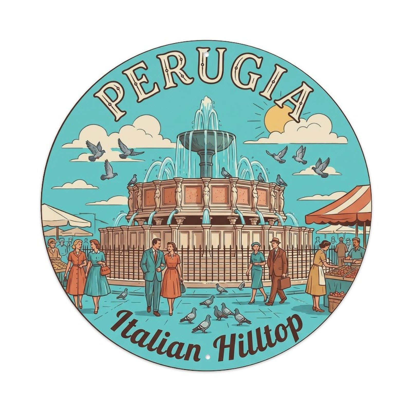 Italian Fountain Heritage Tourism Destination Scenic Metal Tin Sign Plaque Wall Decor for Cafe, Man Cave, Club Bar, Office, Home Garden Round Metal Poster 8x8Inch