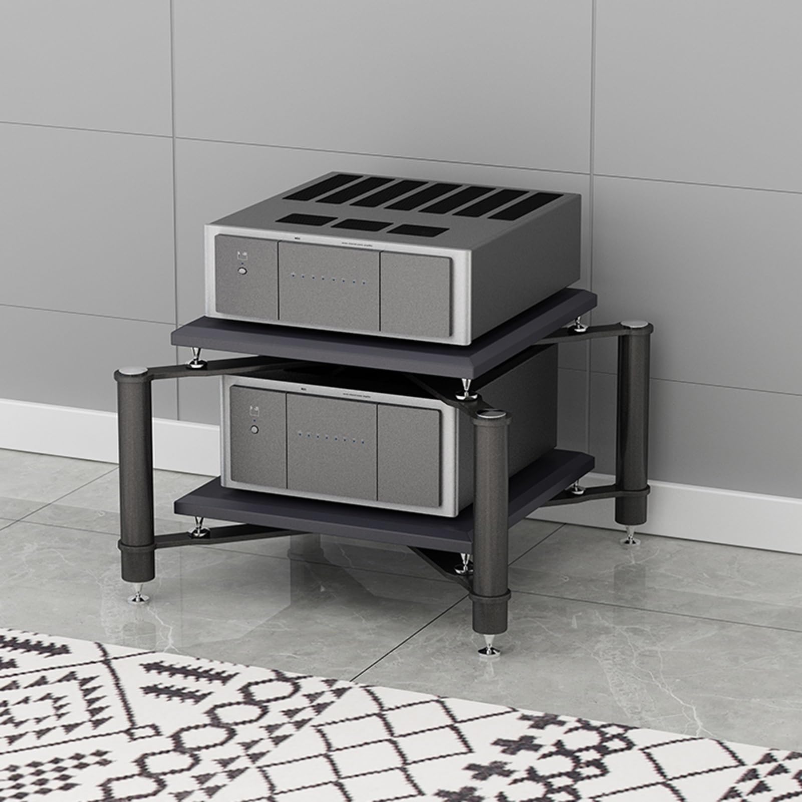 Meuble stéréo gris anti-vibration pour protéger platine et organiser disques de salon