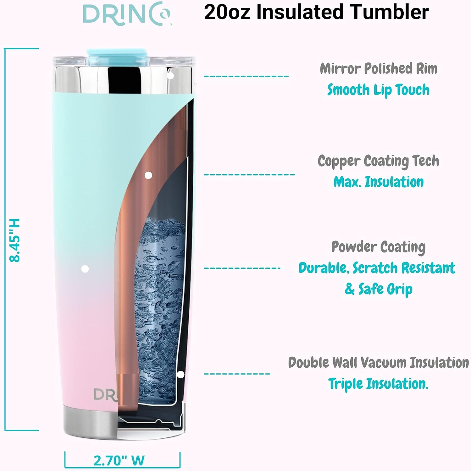 Drinco - 20 oz Stainless Steel Tumbler | Double Walled Vacuum Insulated Mug With Lid, 2 Straws, For Hot & Cold Drinks (20oz Macaron, 20oz) image 4