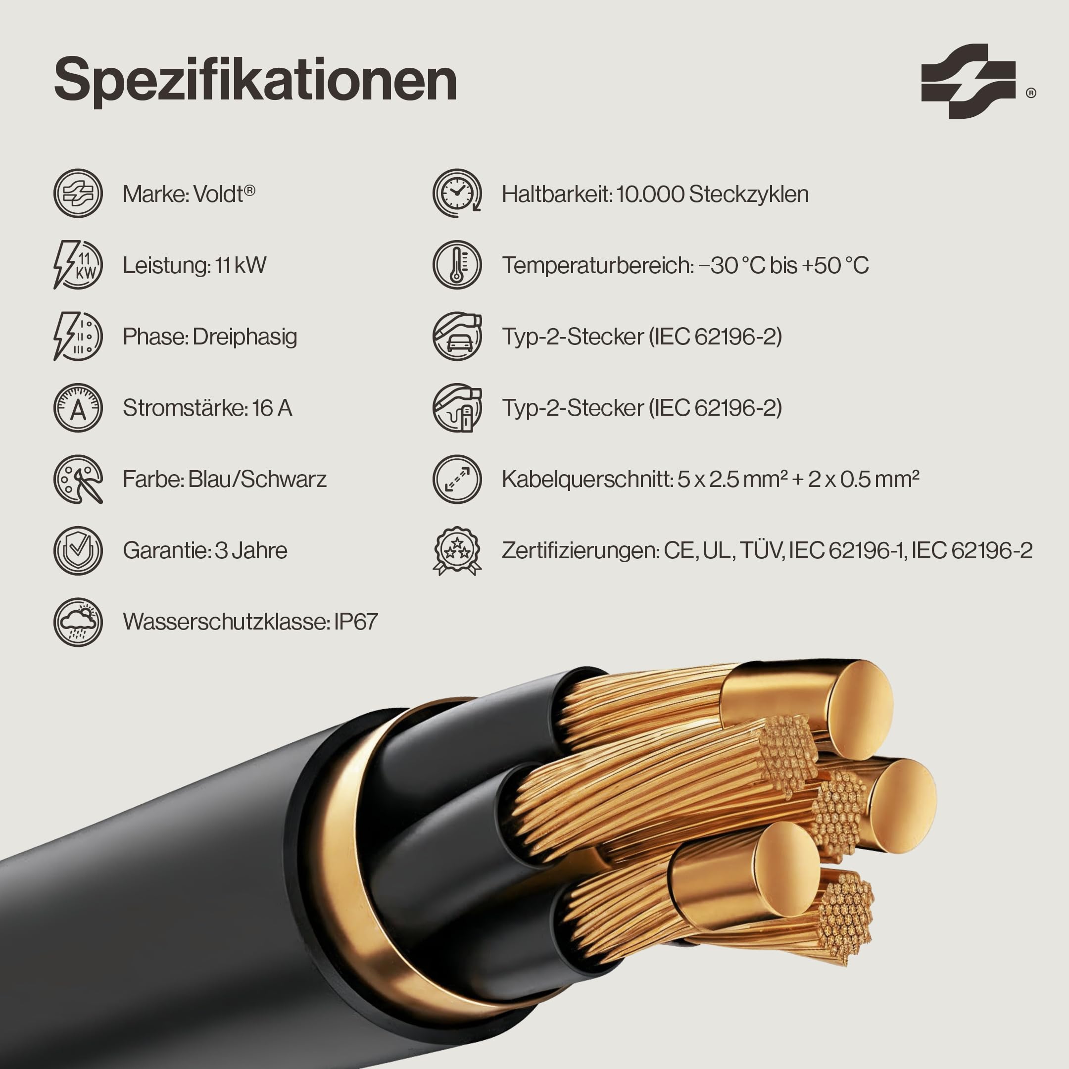 Voldt Ladekabel Typ 2 11 kW 16 A dreiphasig für Elektroautos EV PHEV, Typ 2 zu Typ 2 Modus 3, Geeignet für Modelle S/X/Y/3, ID.4, E-Tron, e-208, I4, IX1, Zoe, etc. Schutzklasse IP67