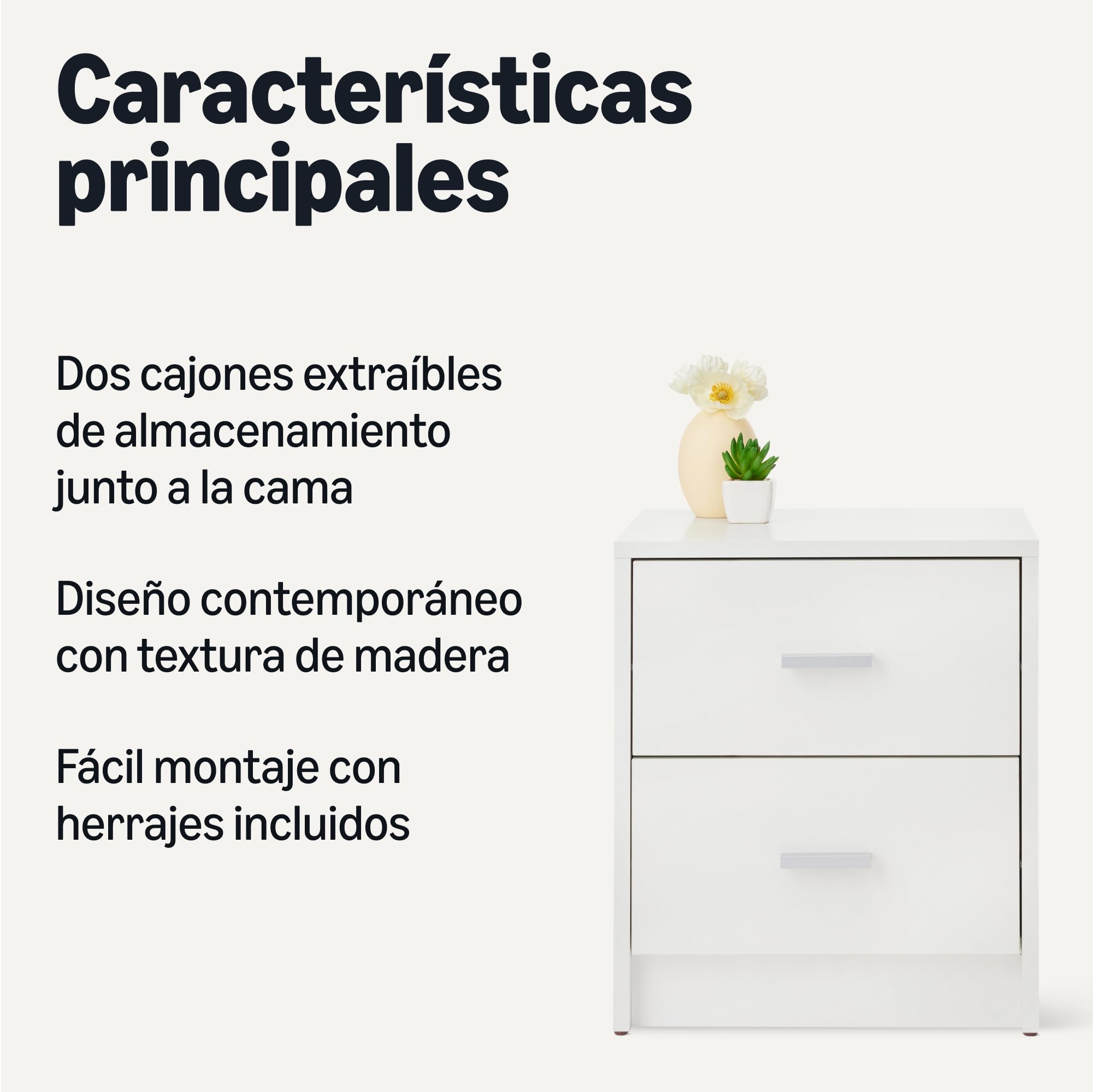 Amazon Basics Mesita de Noche, Mesita de Noche con 2 Cajones, Armario de Dormitorio, Blanco, 47 x 40 x 36cm