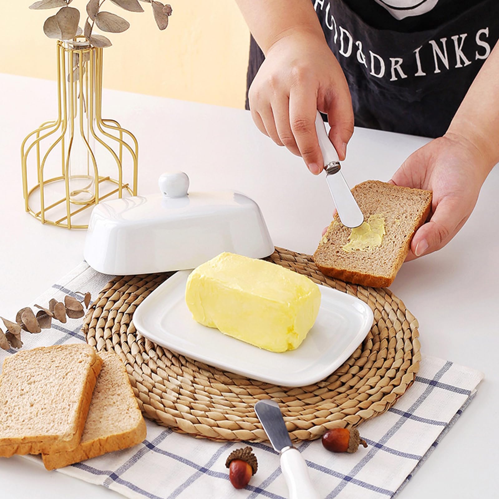 Biała ceramiczna maselniczka z pokrywką, prostokątna maselniczka z pokrywką, ceramiczny pojemnik na masło w stylu vintage, na blat roboczy, dekoracja kuchenna, przechowywanie masła (16,5 x