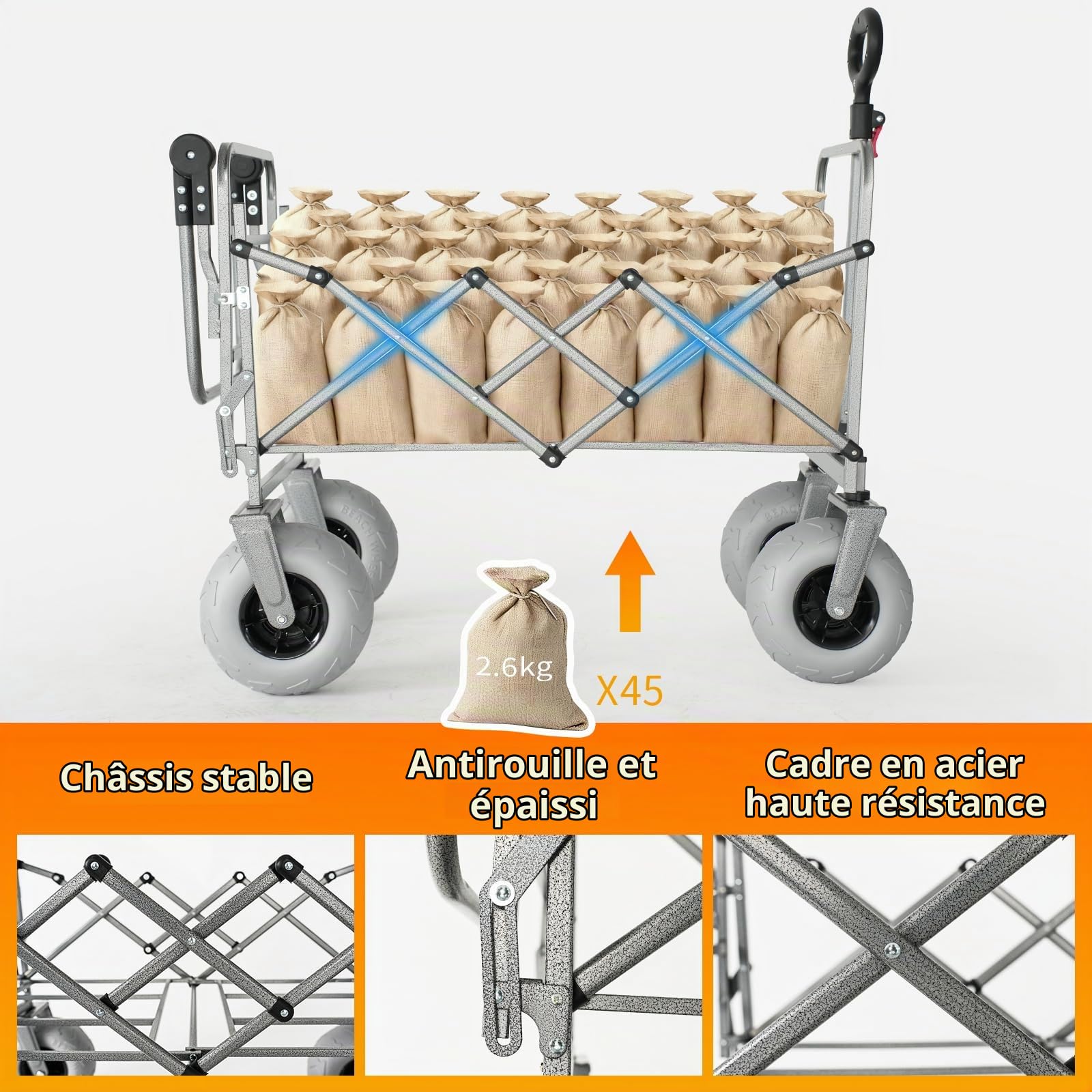 Chariot Pliable avec pneus gonflables, 21x11cm Roue de Plage Gonflable en PVC, Chariot Tout Terrain pour Extérieur & Camping, Trolley avec poignée télescopique, Poussoir et hayon