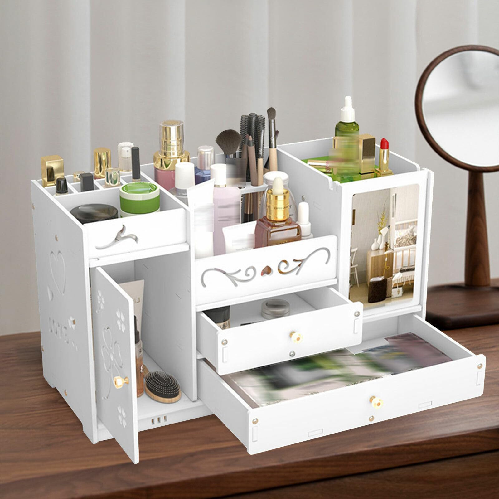 Kosmetik Make up Organizer mit 2 Schubladen Aufbewahrung Schmuck Box Parfüm Aufbewahrung,Skincare Beauty Schminke Kosmetikbox zubehör für Dresser Schlafzimmer Badezimmer,Weißer