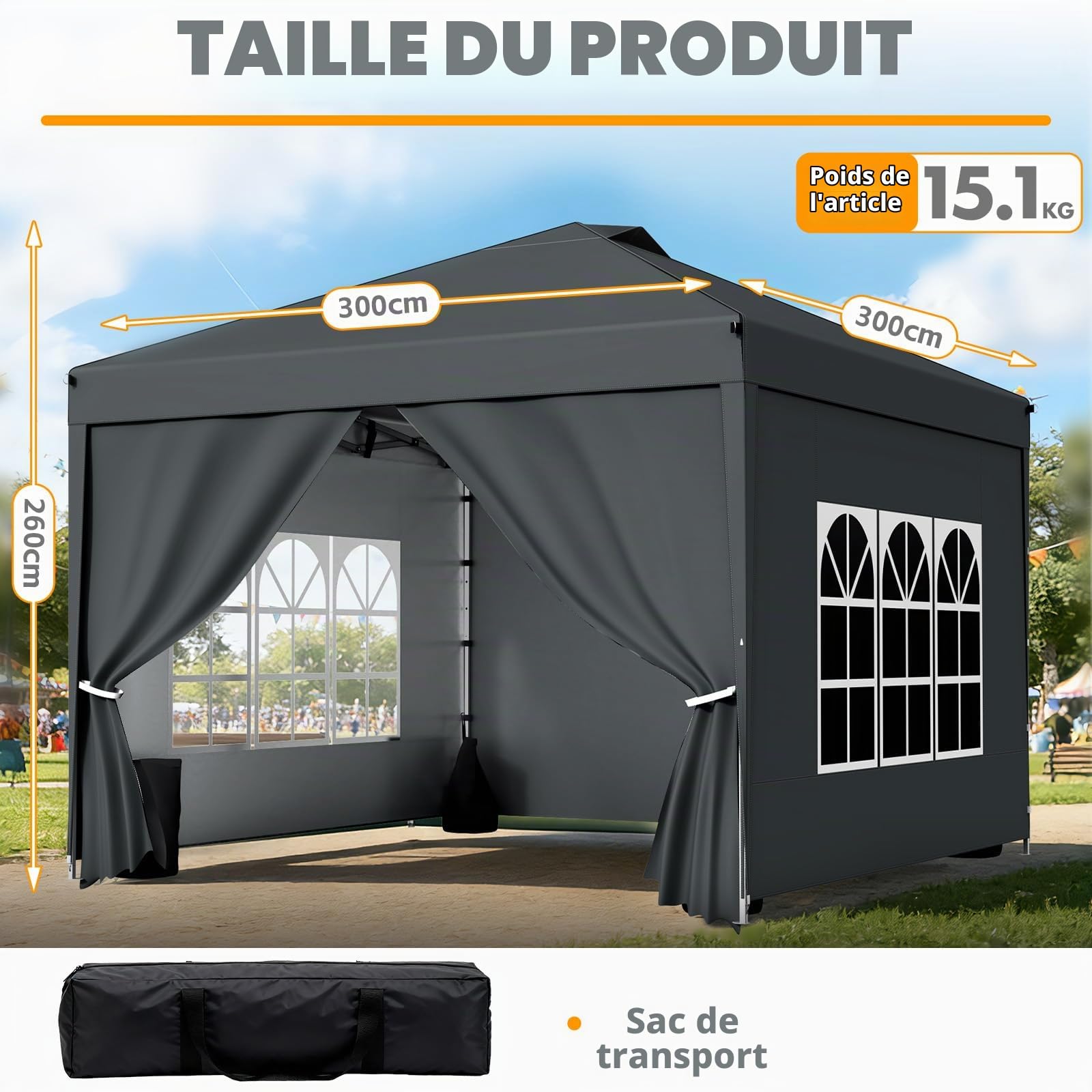 Tonnelle de Jardin 3x3m,Tente Pliante de Exterieur avec 4 Côtés、4 Sacs de Sable、Sac de Transport,Tonnelle Pliante Imperméable，Anti UV，Hauteur Réglable，Tente de Camping,Barnum,Anthracite