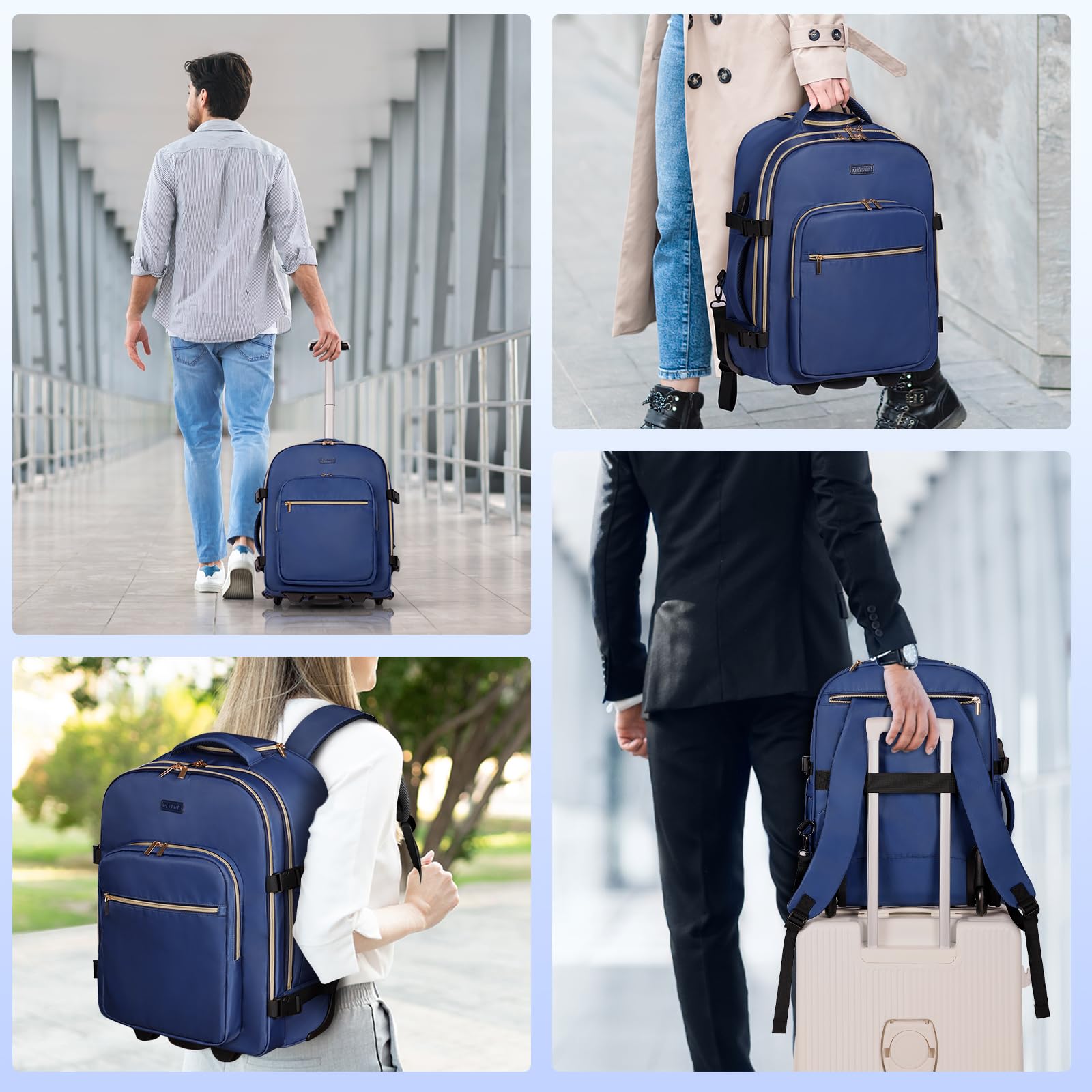 DEVPNR Mochila con ruedas para mujer, mochila de viaje para portátil de 17 pulgadas con ruedas, bajo el asiento avión, bolsa de negocios de noche, Negro oscuro, XL, Negocios, viajes, diario